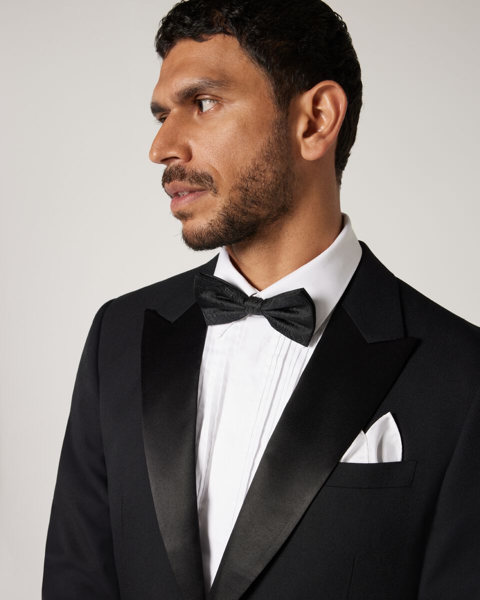 Slim fit premium wool silk tuxedo jacket, Black, hi-res
